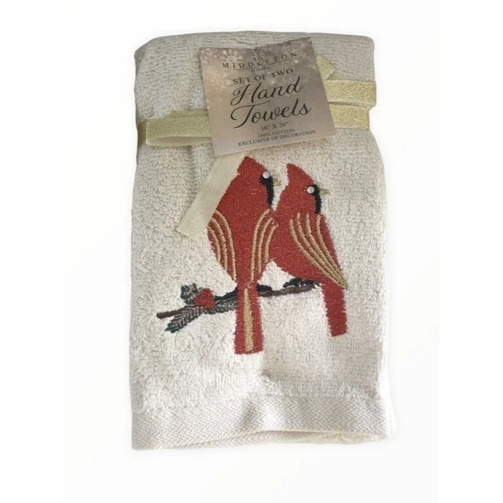 Christmas Cardinal Rhinestone Hand Towels Embroidered Embellished Ivory Set of 2